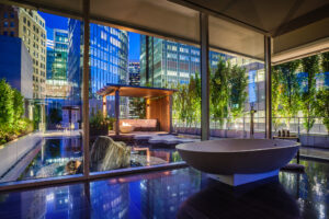 Photograph of a luxury hotel's bathroom after dark. Vancouver, Canada. Fairmont Hotels. Luxury Architecture Photography.