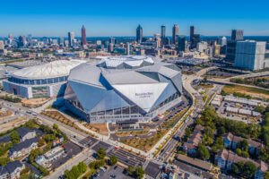 Drone Photograph of the Mercedes-Benz Stadium and Atlanta Skyline. Aerial photograph captured using a drone.