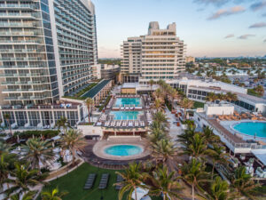 Aerial View of the Nobu Hotel Miami Beach at sunrise. Hotel Photograph taken with a drone.