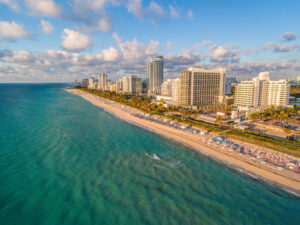 Aerial View of Miami Beach with the Nobu Hotel Miami Beach in the foreground. Photograph taken with a drone.