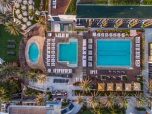 Aerial photo of the pool at the Nobu Hotel Miami Beach. Hotel Photograph Taken with a Drone.