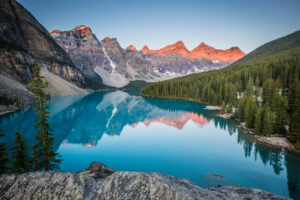 Moraine Lake, one of the many locations one sees while Exploring Western Canada onboard the Rocky Mountaineer